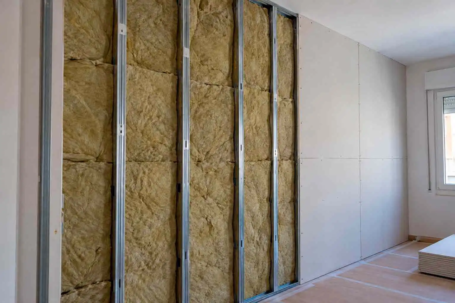 Pared con perfiles metálicos rellenos de lana mineral junto al tramo ya cerrado con placas de yeso, en una habitación con ventana y placas apiladas en el suelo