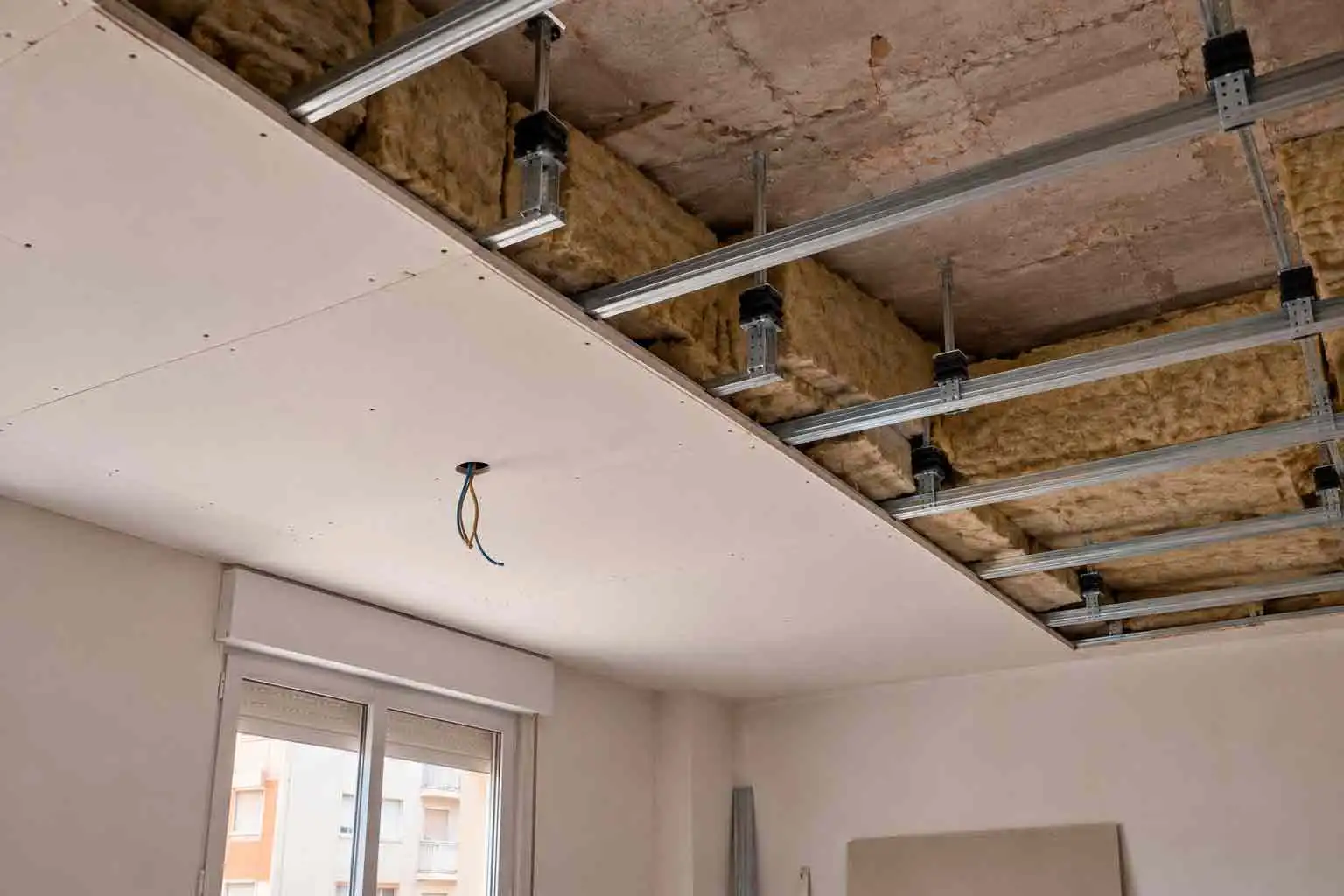 Techo de una habitación a medio cerrar: perfiles metálicos suspendidos del forjado, paneles de lana mineral y las primeras placas de yeso ya colocadas
